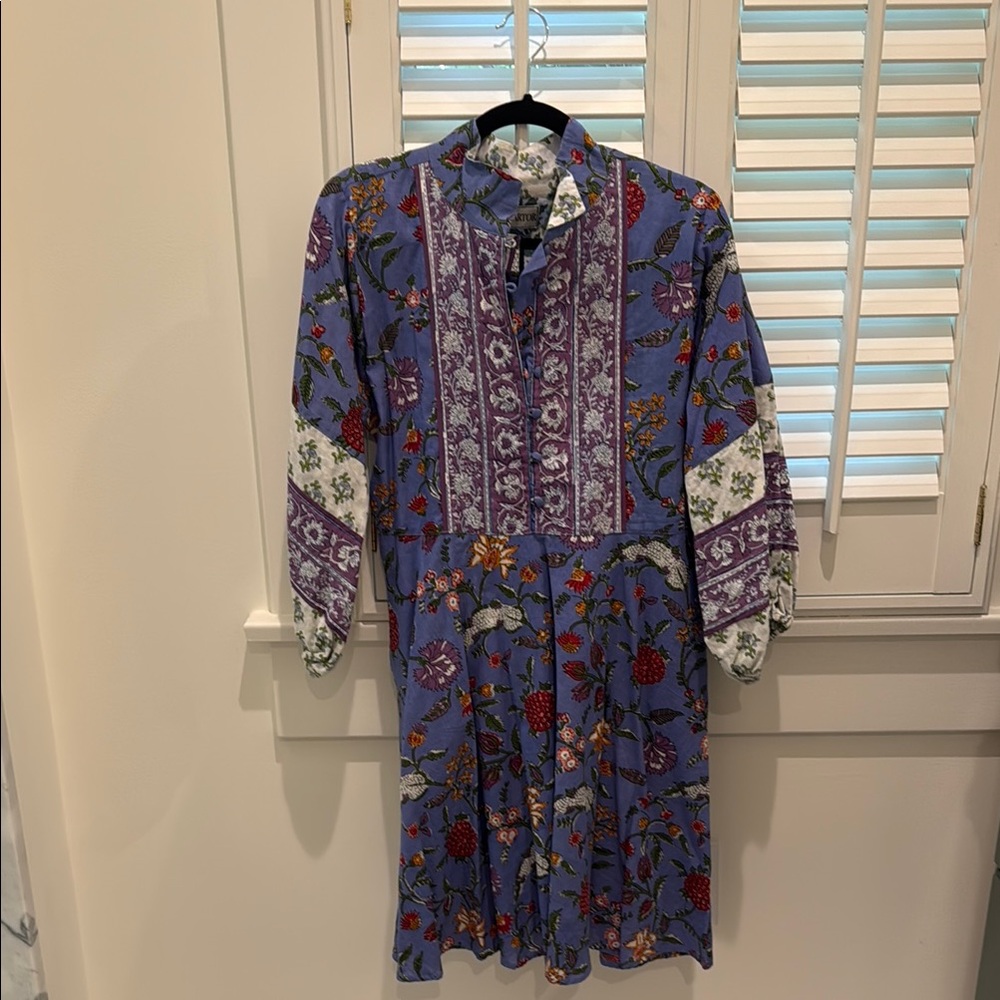 Blue and Red Buttoned Long Sleeve Sundress with Mandarin Collar